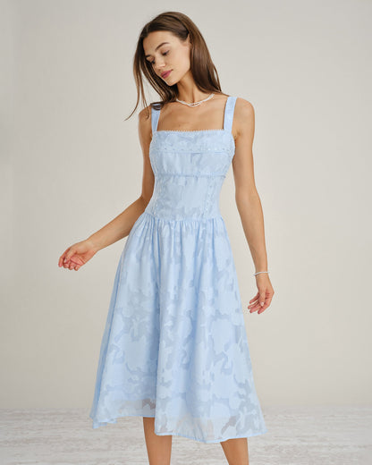 Blue Square Neck Lace Jacquard Midi Dress