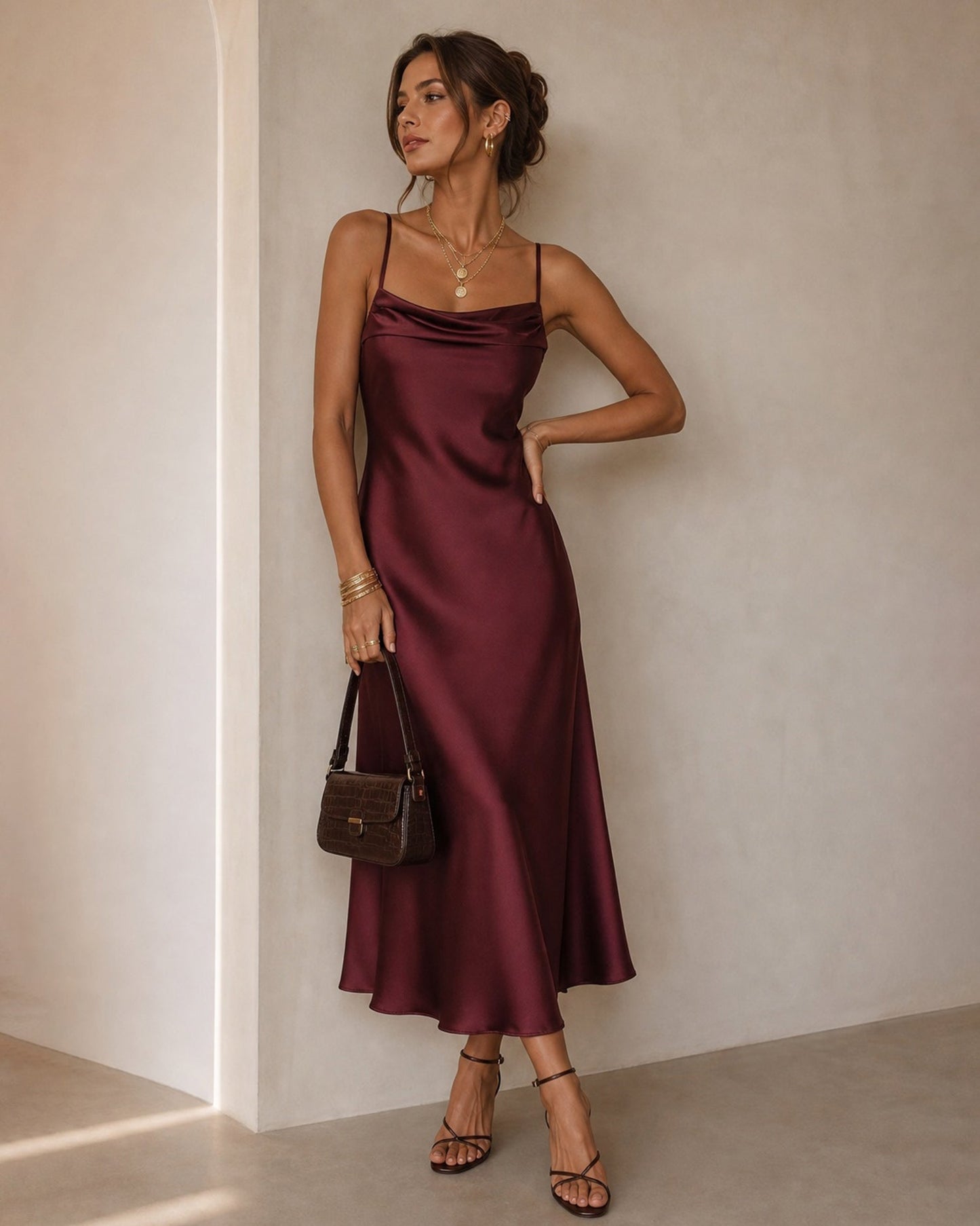 Wine Red Ruched Slip Satin Midi Dress