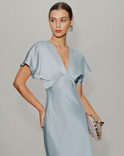 Blue V Neck Cowl Sleeve Satin Midi Dress