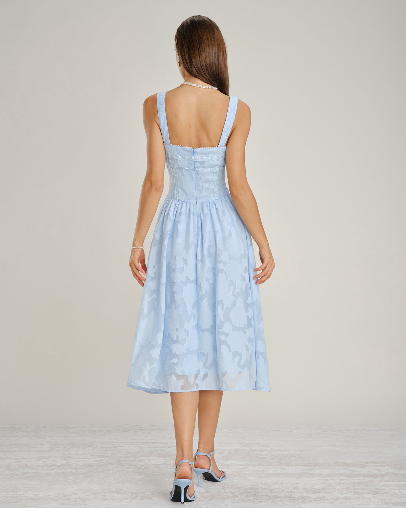 Blue Square Neck Lace Jacquard Midi Dress