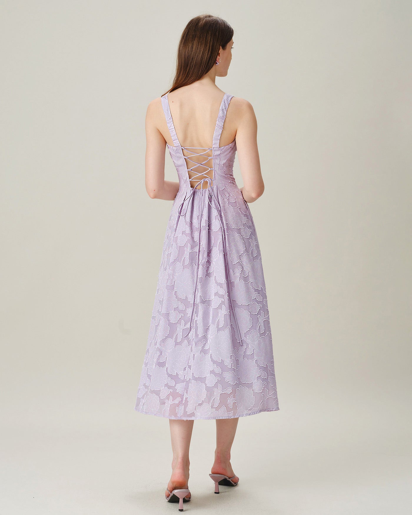 Purple Square Neck Tie Jacquard Midi Dress