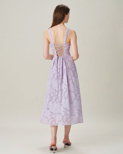 Purple Square Neck Tie Jacquard Midi Dress