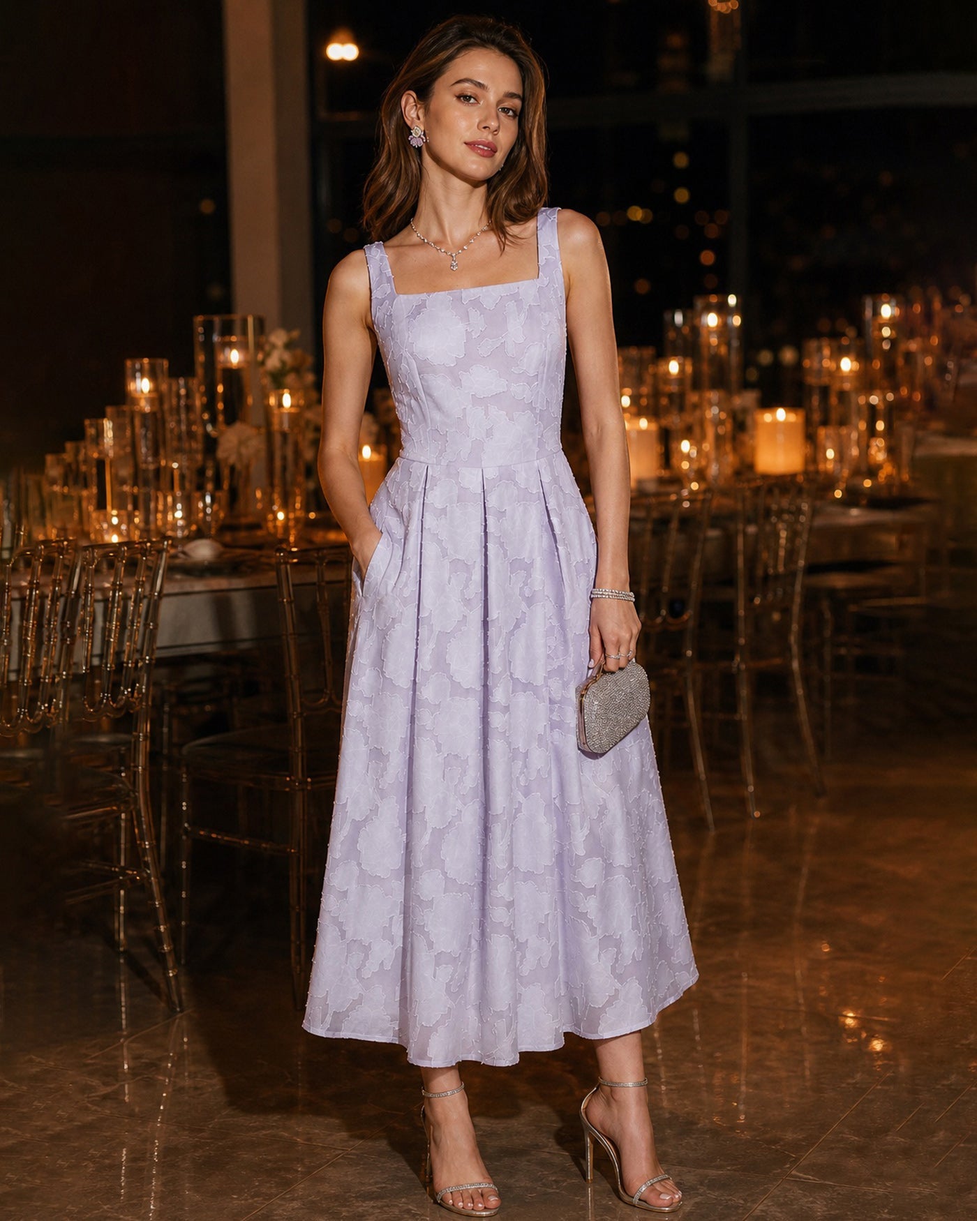 Purple Square Neck Tie Jacquard Midi Dress