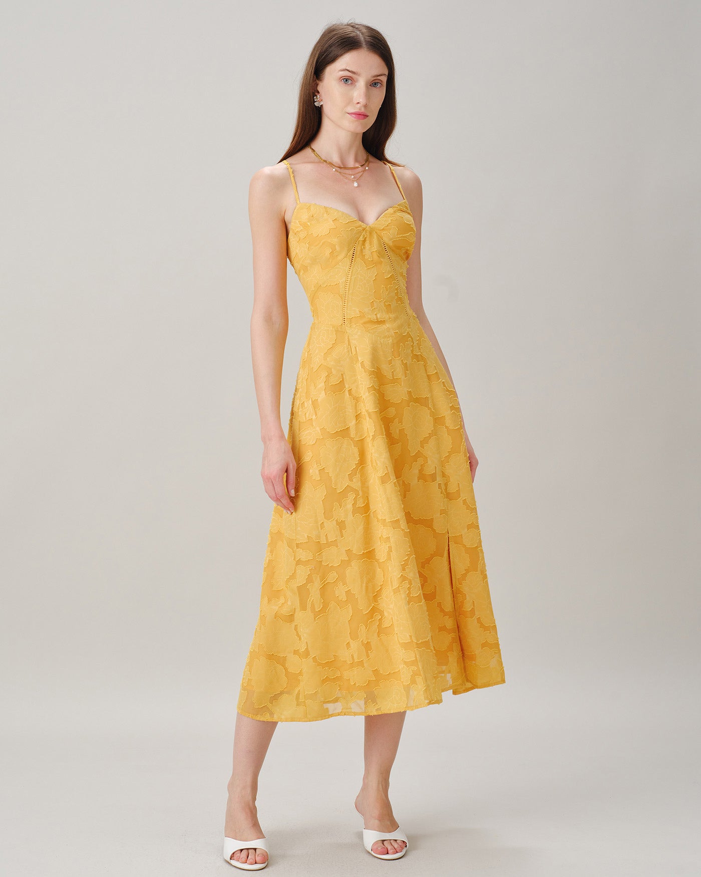 Yellow X Cross Jacquard Slip Midi Dress