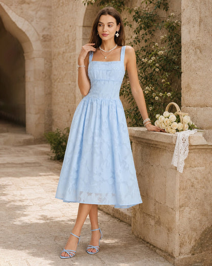 Blue Square Neck Lace Jacquard Midi Dress