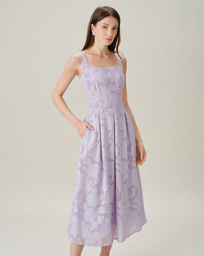 Purple Square Neck Tie Jacquard Midi Dress