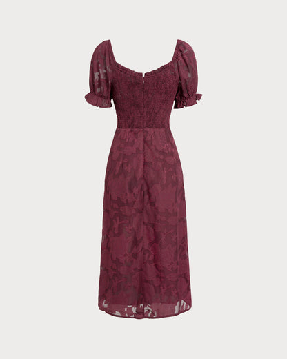 Wine Red Jacquard Slit Midi Dress