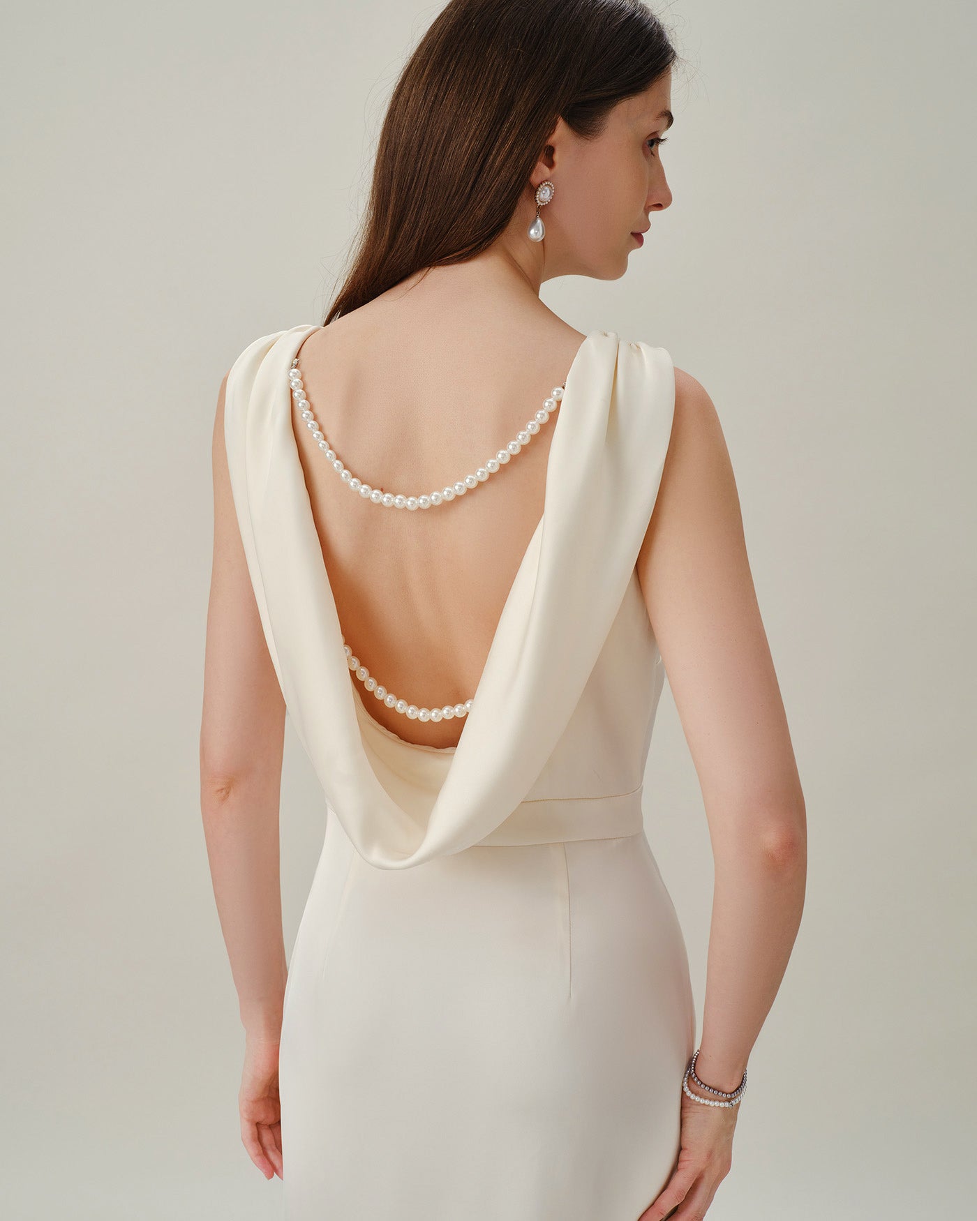 Apricot Boat Neck Pearl Satin Midi Dress