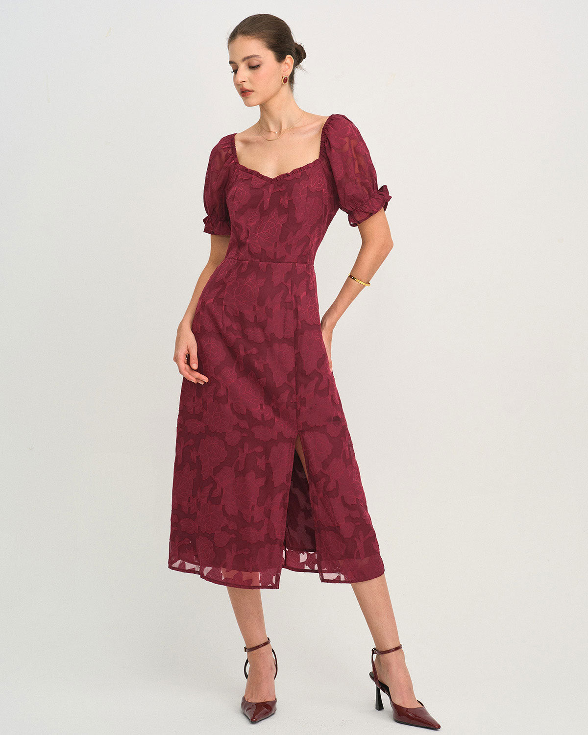 Wine Red Jacquard Slit Midi Dress