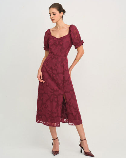 Wine Red Jacquard Slit Midi Dress