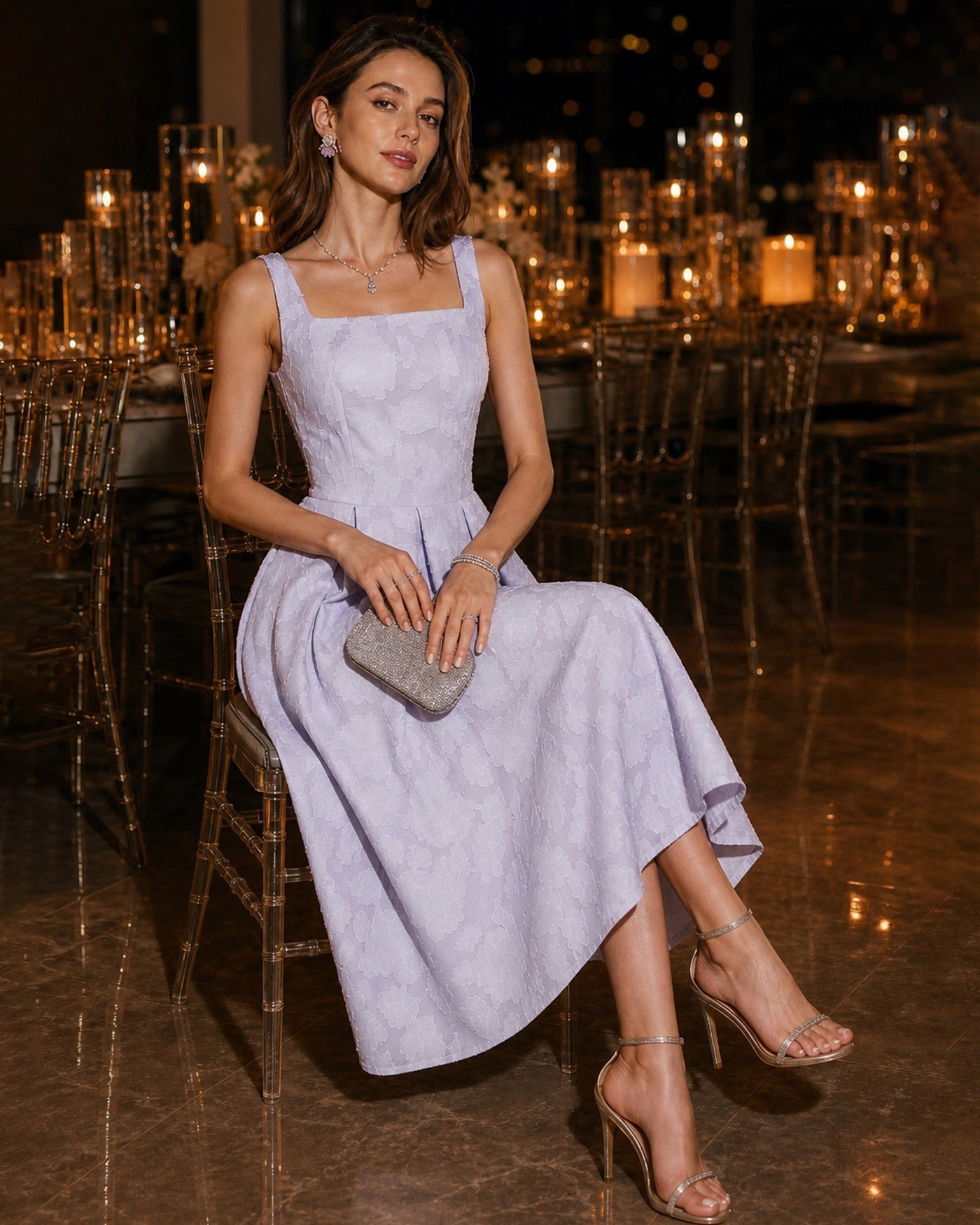 Purple Square Neck Tie Jacquard Midi Dress