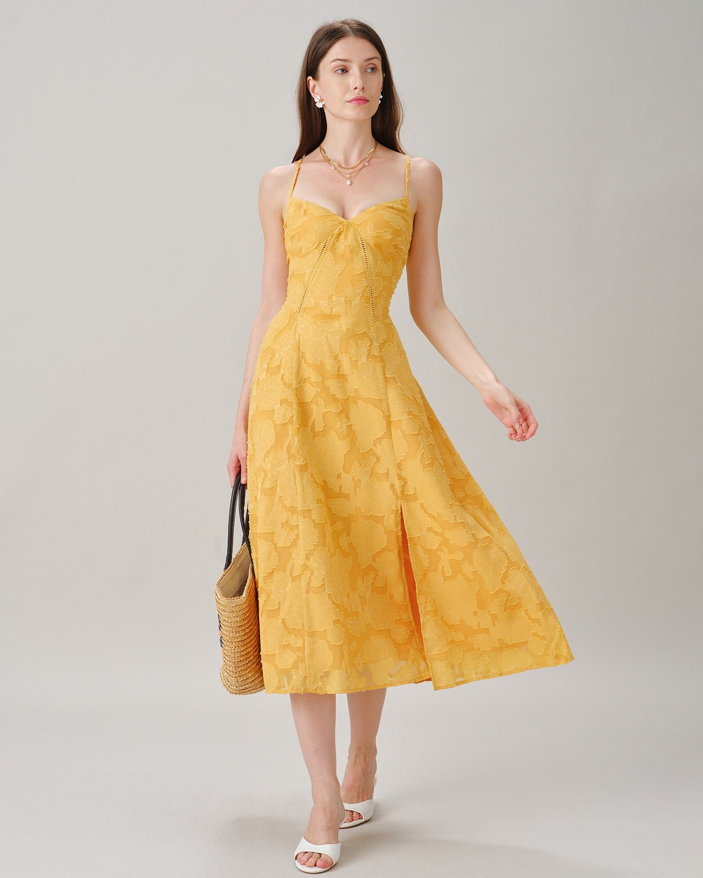 Yellow X Cross Jacquard Slip Midi Dress