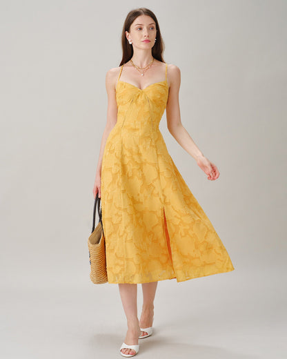 Yellow X Cross Jacquard Slip Midi Dress
