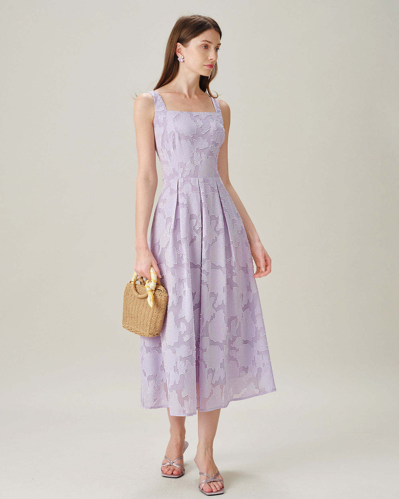 Purple Square Neck Tie Jacquard Midi Dress
