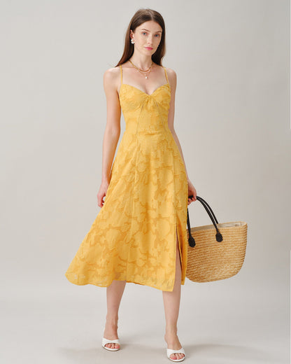 Yellow X Cross Jacquard Slip Midi Dress