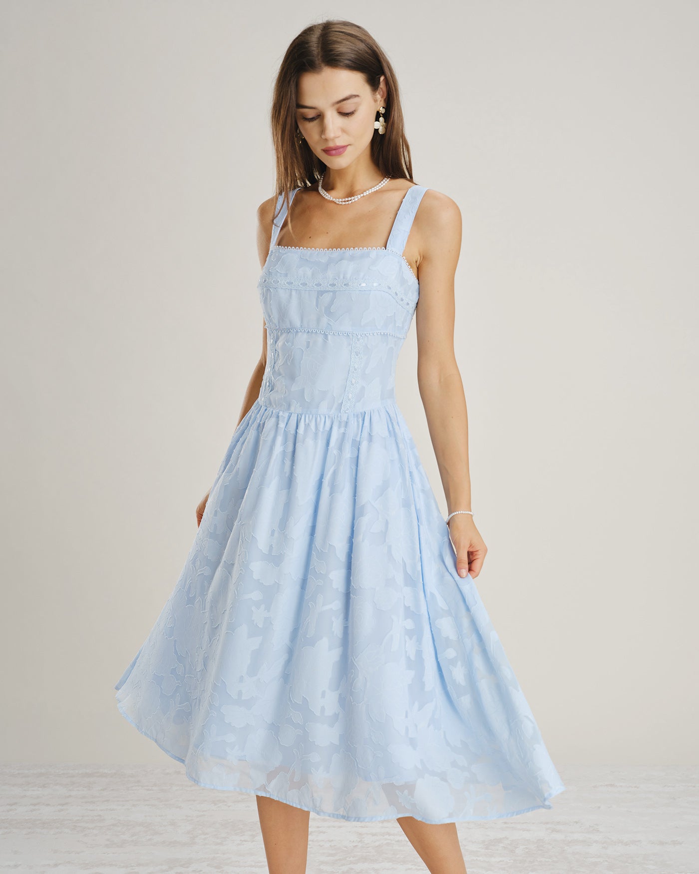 Blue Square Neck Lace Jacquard Midi Dress