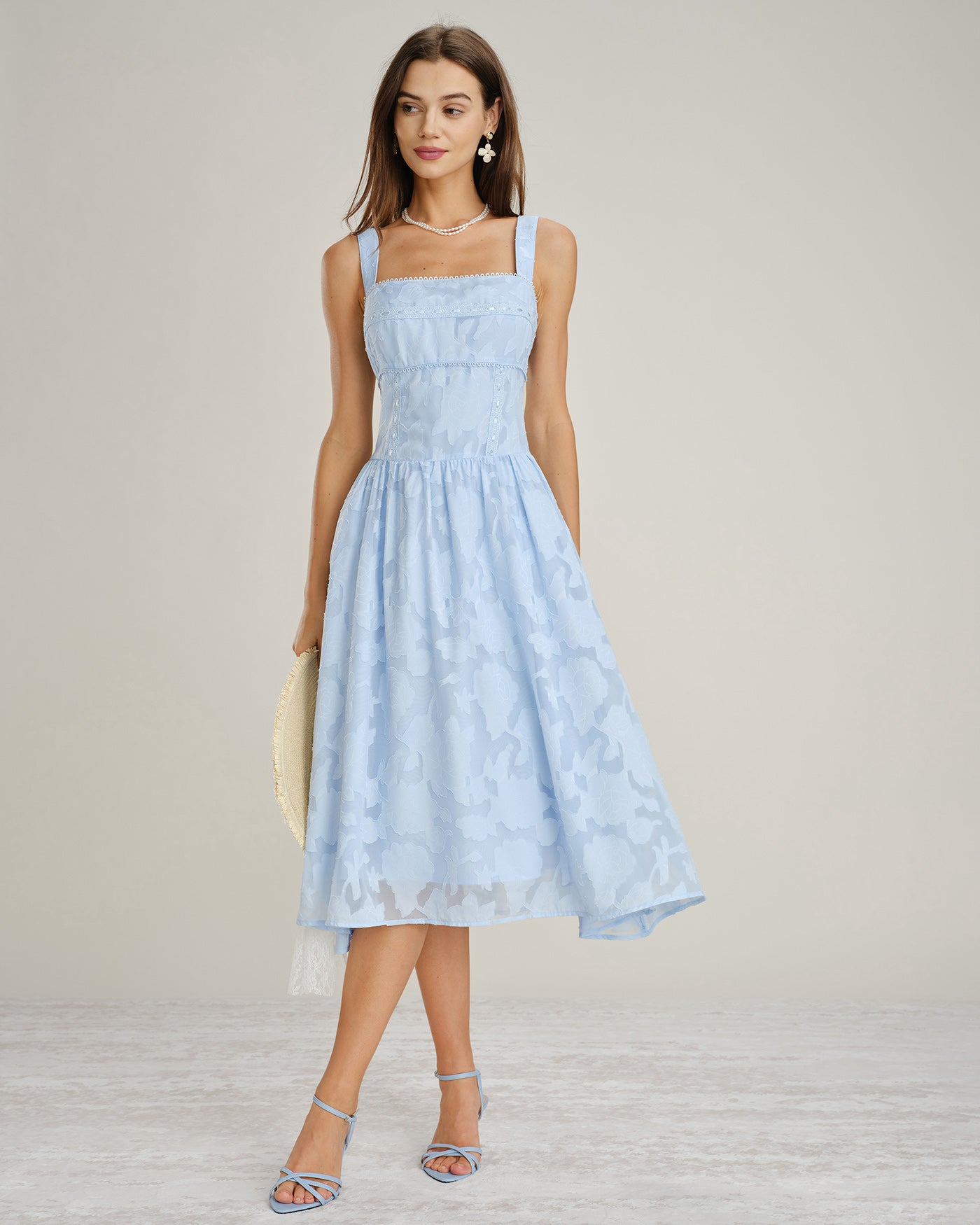Blue Square Neck Lace Jacquard Midi Dress