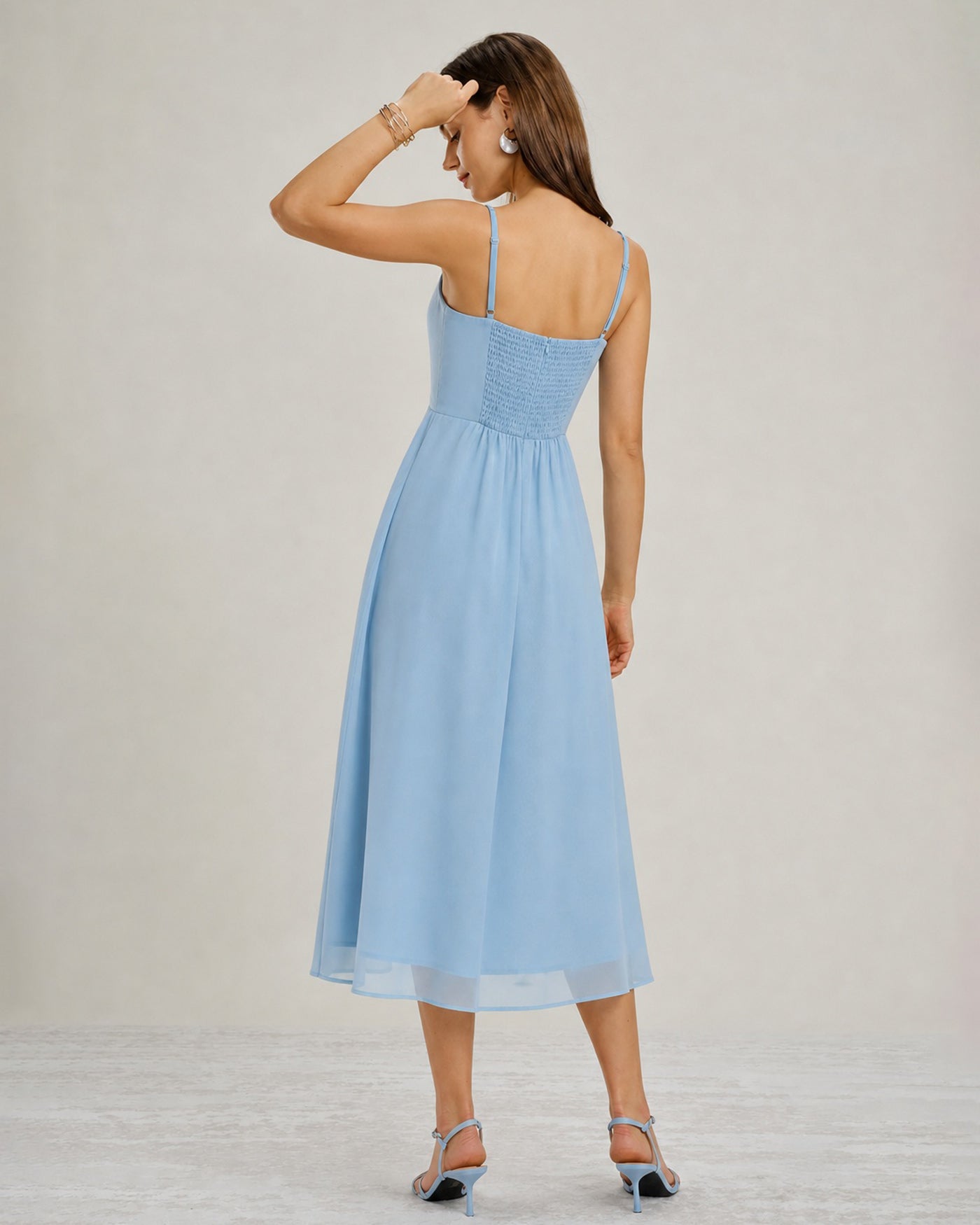 Blue Square Neck Slit Chiffon Midi Dress