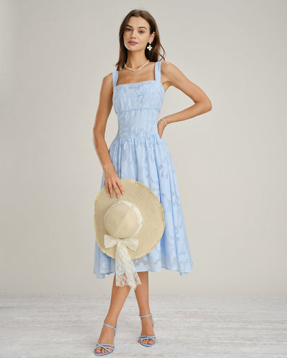 Blue Square Neck Lace Jacquard Midi Dress