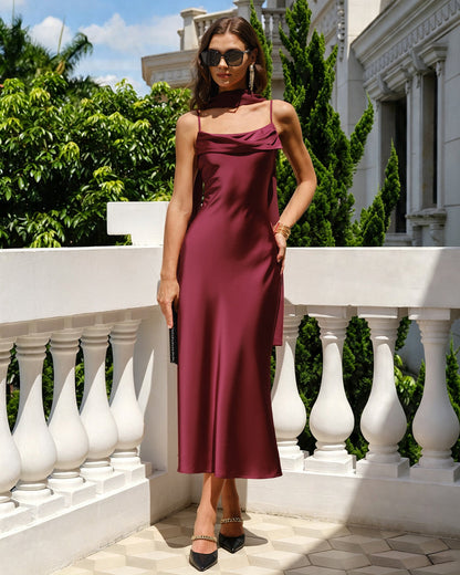 Wine Red Ruched Slip Satin Midi Dress