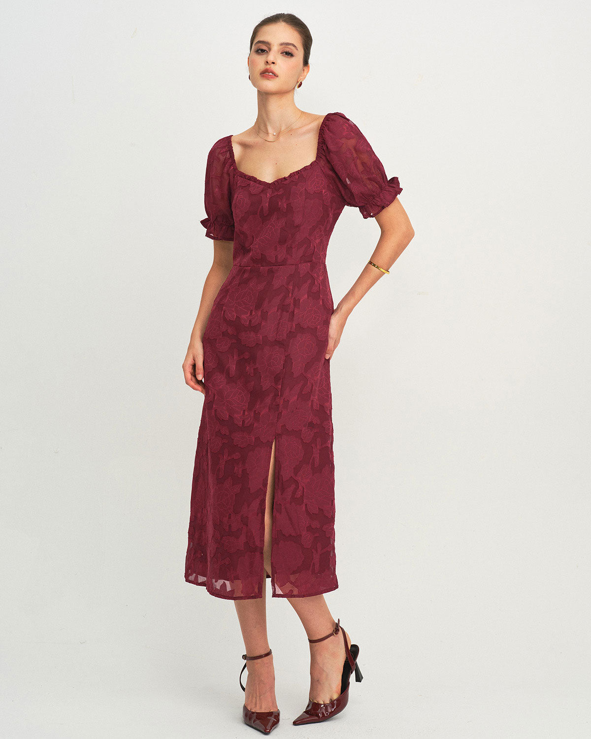 Wine Red Jacquard Slit Midi Dress