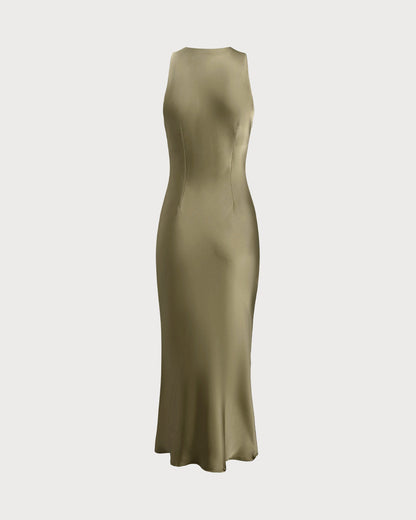 Green Satin Boat Neck Slip Midi Dress