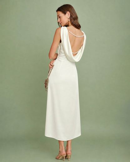 Apricot Boat Neck Pearl Satin Midi Dress