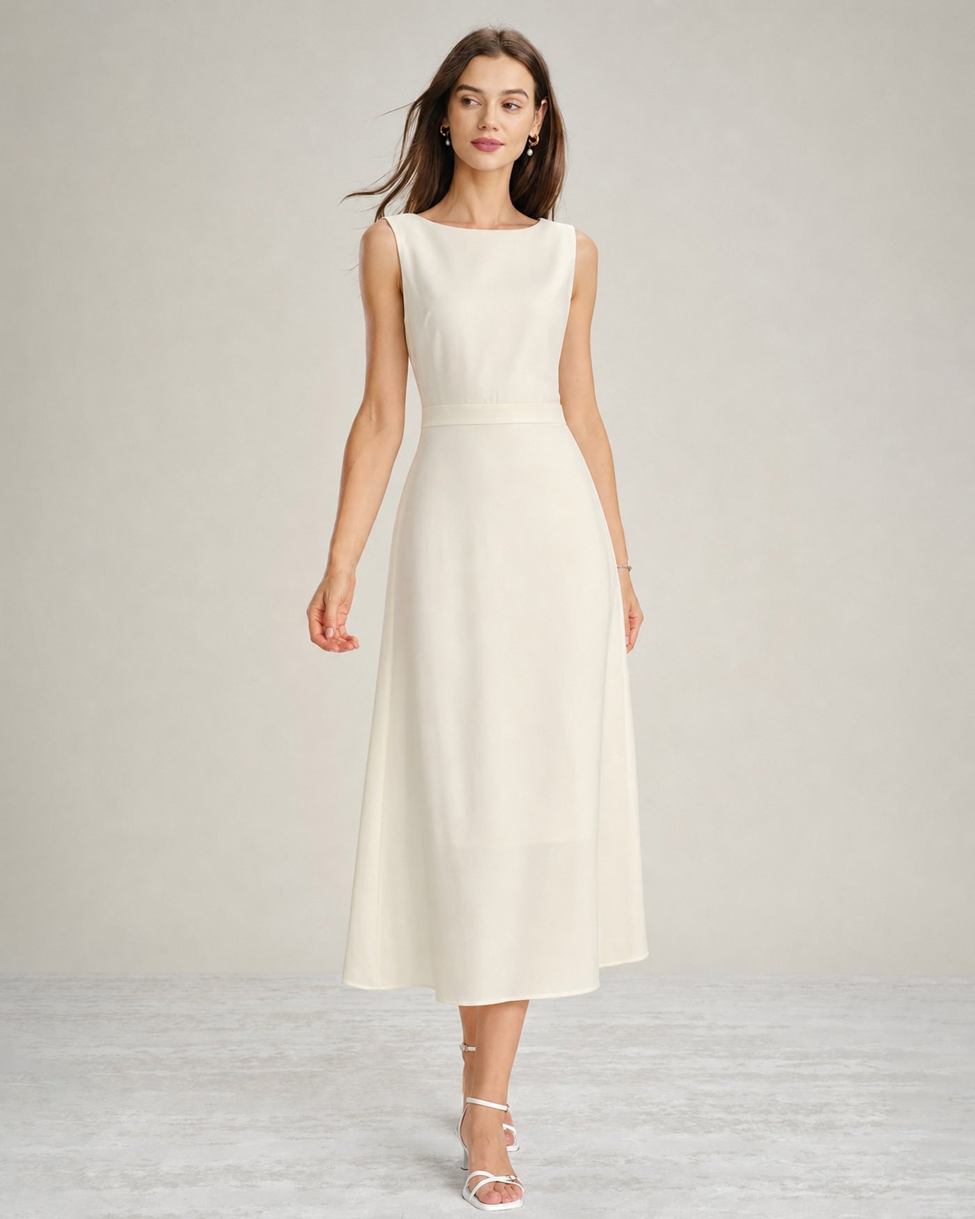 Apricot Boat Neck Pearl Satin Midi Dress