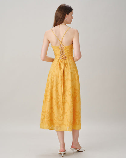 Yellow X Cross Jacquard Slip Midi Dress