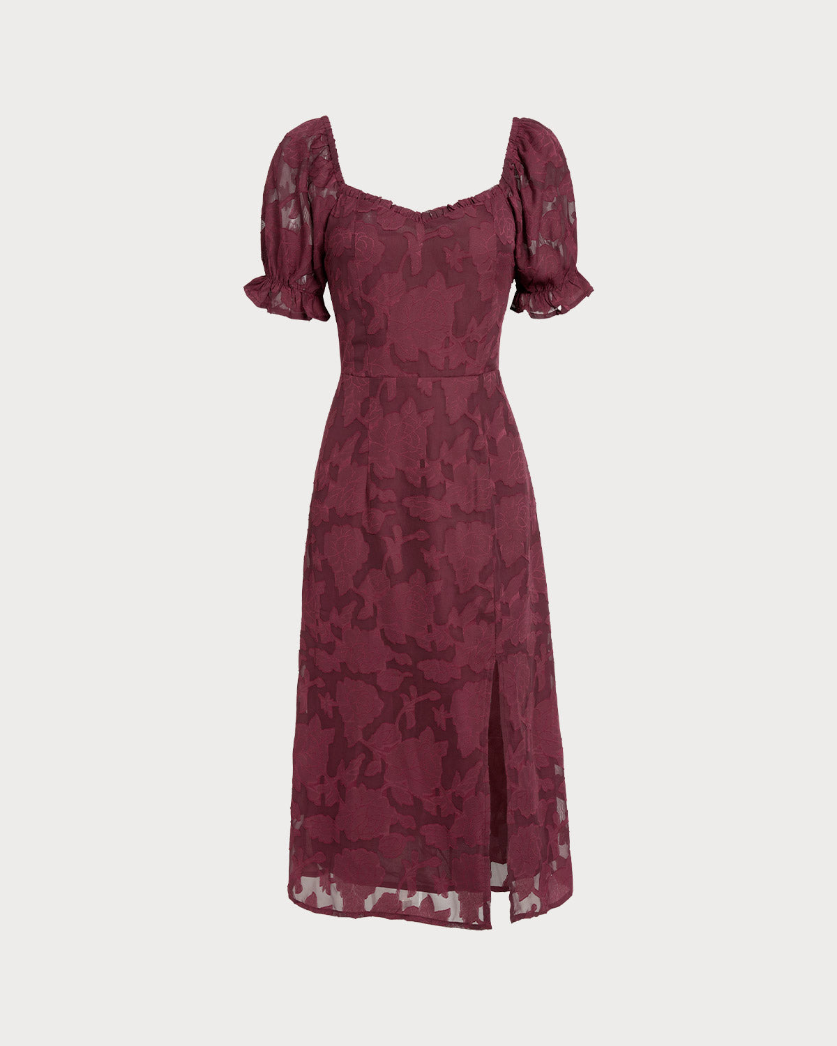 Wine Red Jacquard Slit Midi Dress