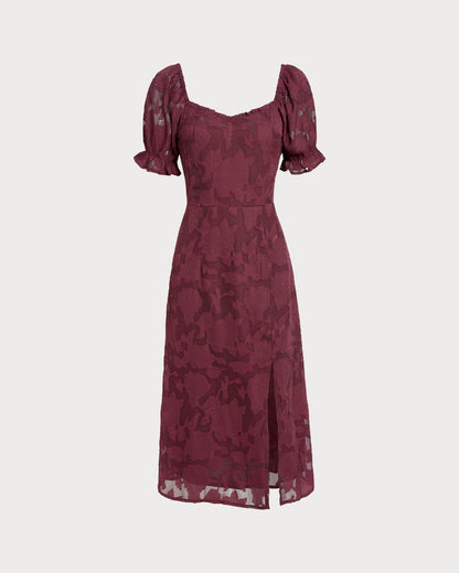 Wine Red Jacquard Slit Midi Dress