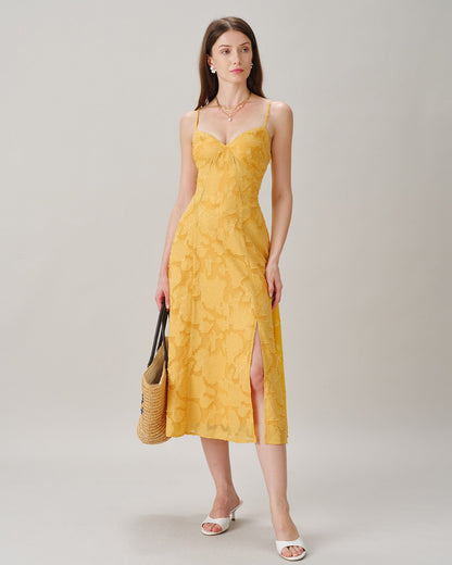 Women's Woven Polyester Midi Dresses Yellow Dresses - RIHOAS