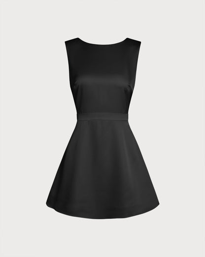 Black Boat Neck Pearl A-Line Mini Dress