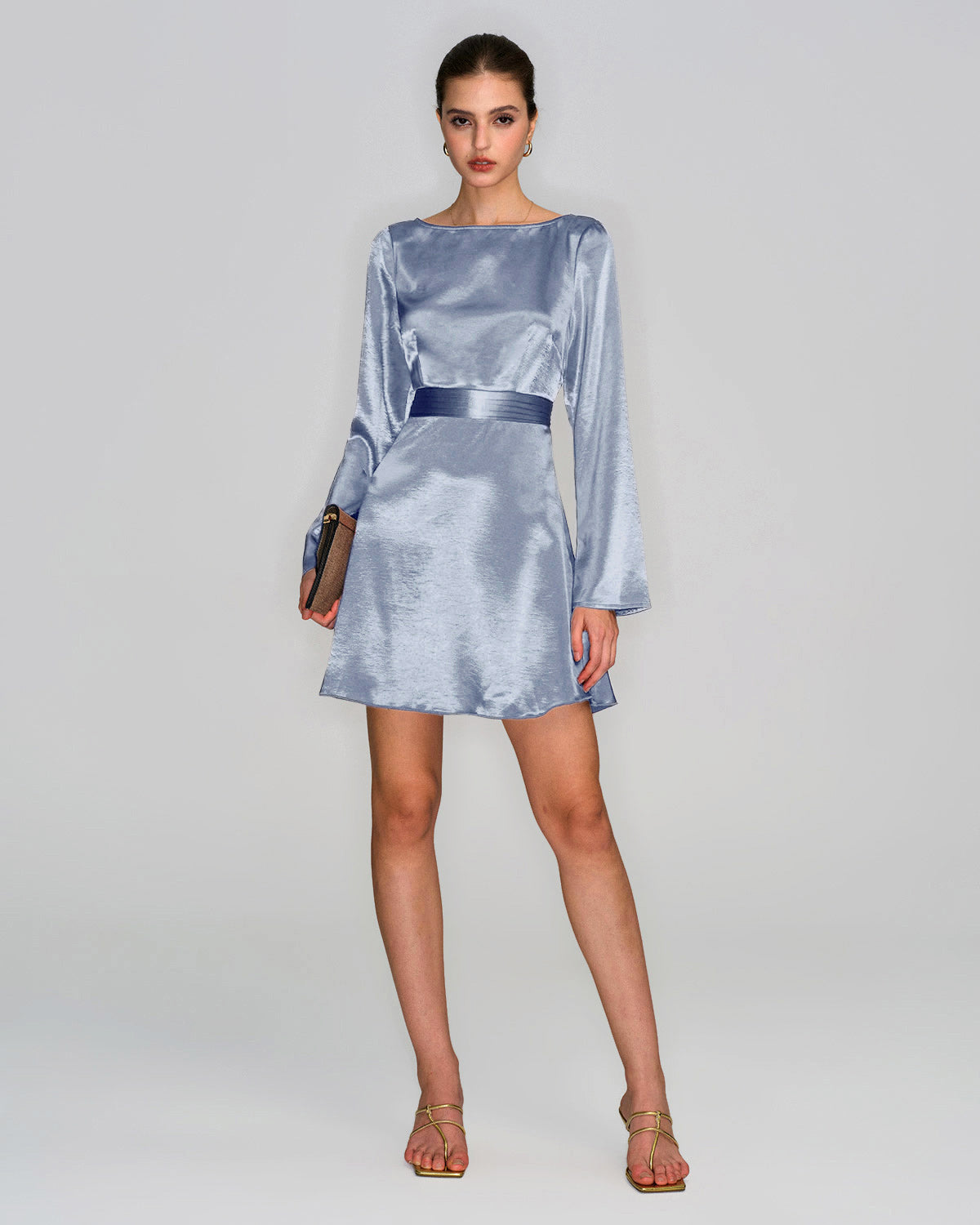 Blue Boat Neck Satin Mini Dress
