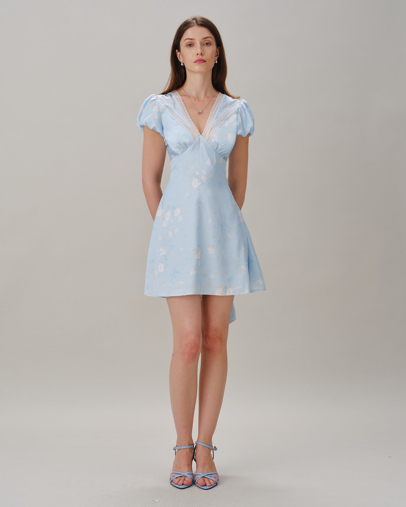 Blue V Neck Lace Splicing Floral Mini Dress