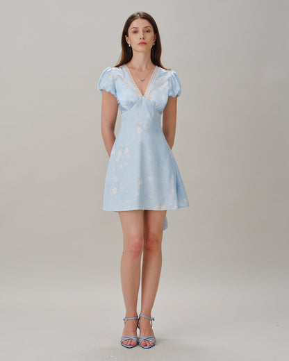 Blue V Neck Lace Splicing Floral Mini Dress