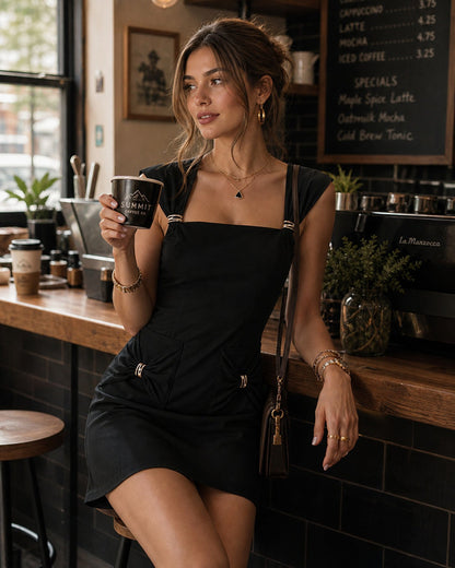 Black Square Neck Cap Sleeve Mini Dress