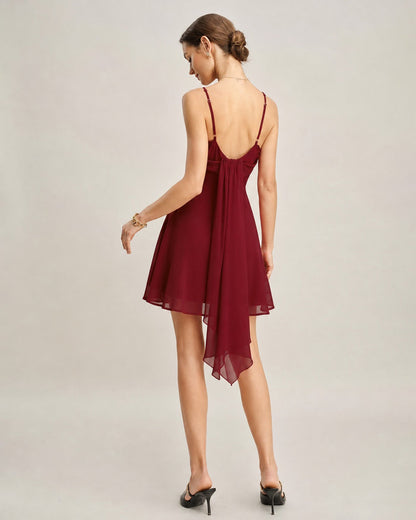Red Ruched Slip Chiffon Mini Dress