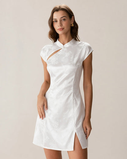 White Mandarin Collar Jacquard Mini Dress