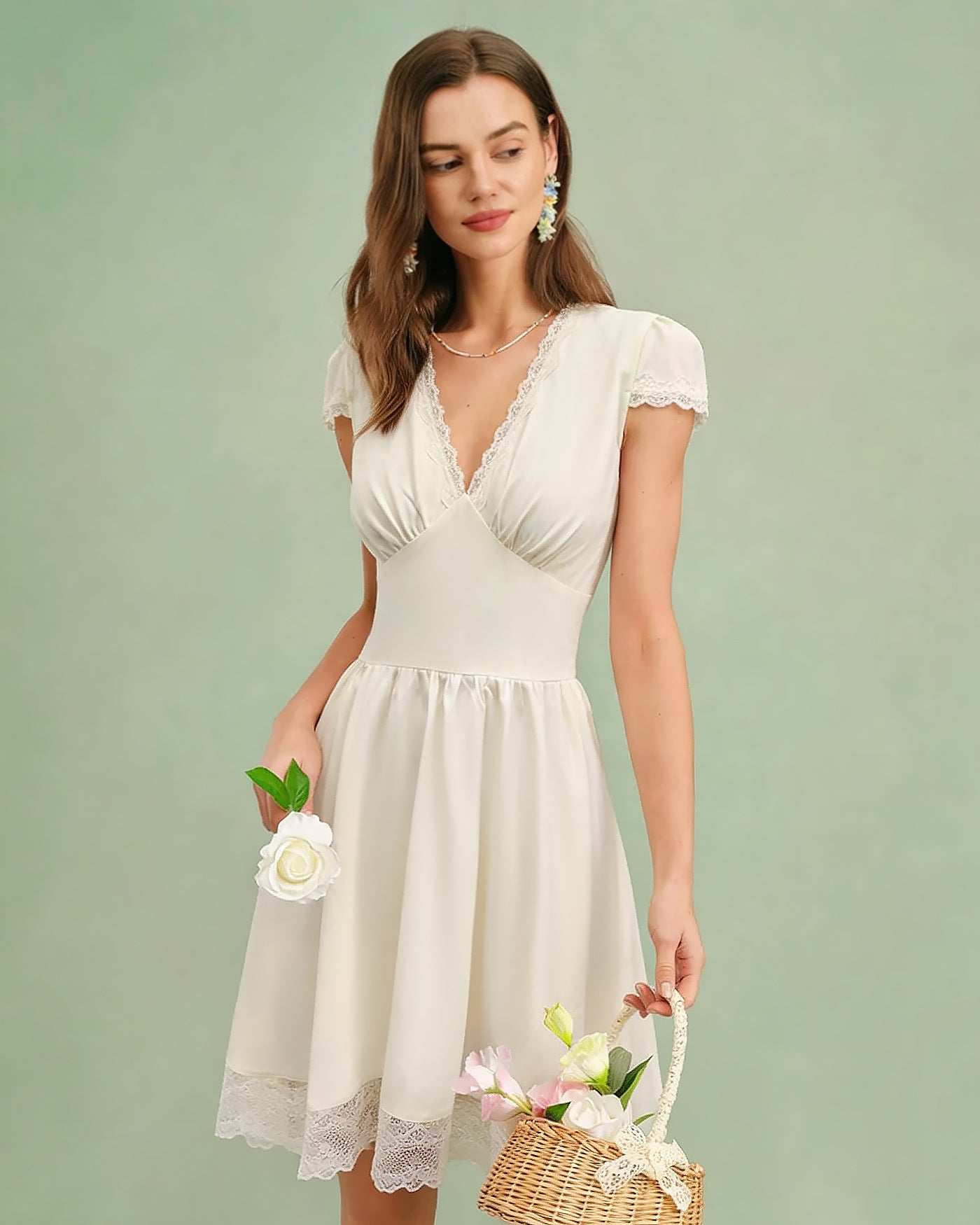 Apricot V Neck Lace Splicing Mini Dress
