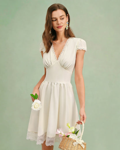 Apricot V Neck Lace Splicing Mini Dress