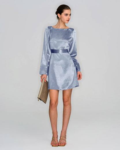 Blue Boat Neck Satin Mini Dress