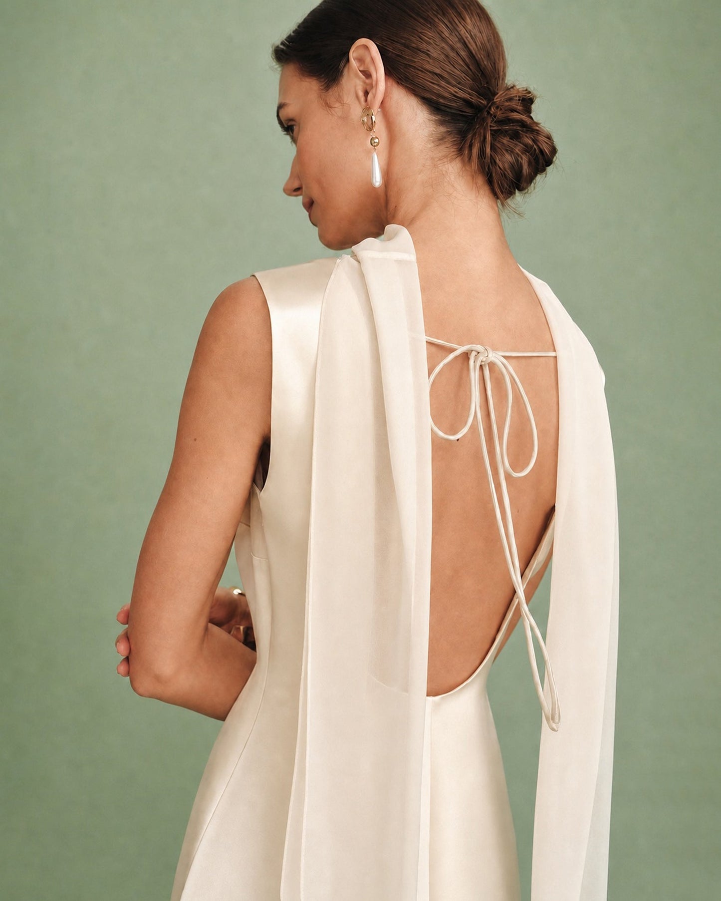Apricot Boat Neck Tie Satin Mini Dress