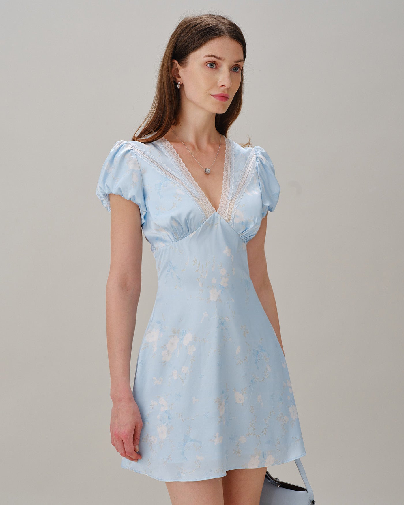 Blue V Neck Lace Splicing Floral Mini Dress