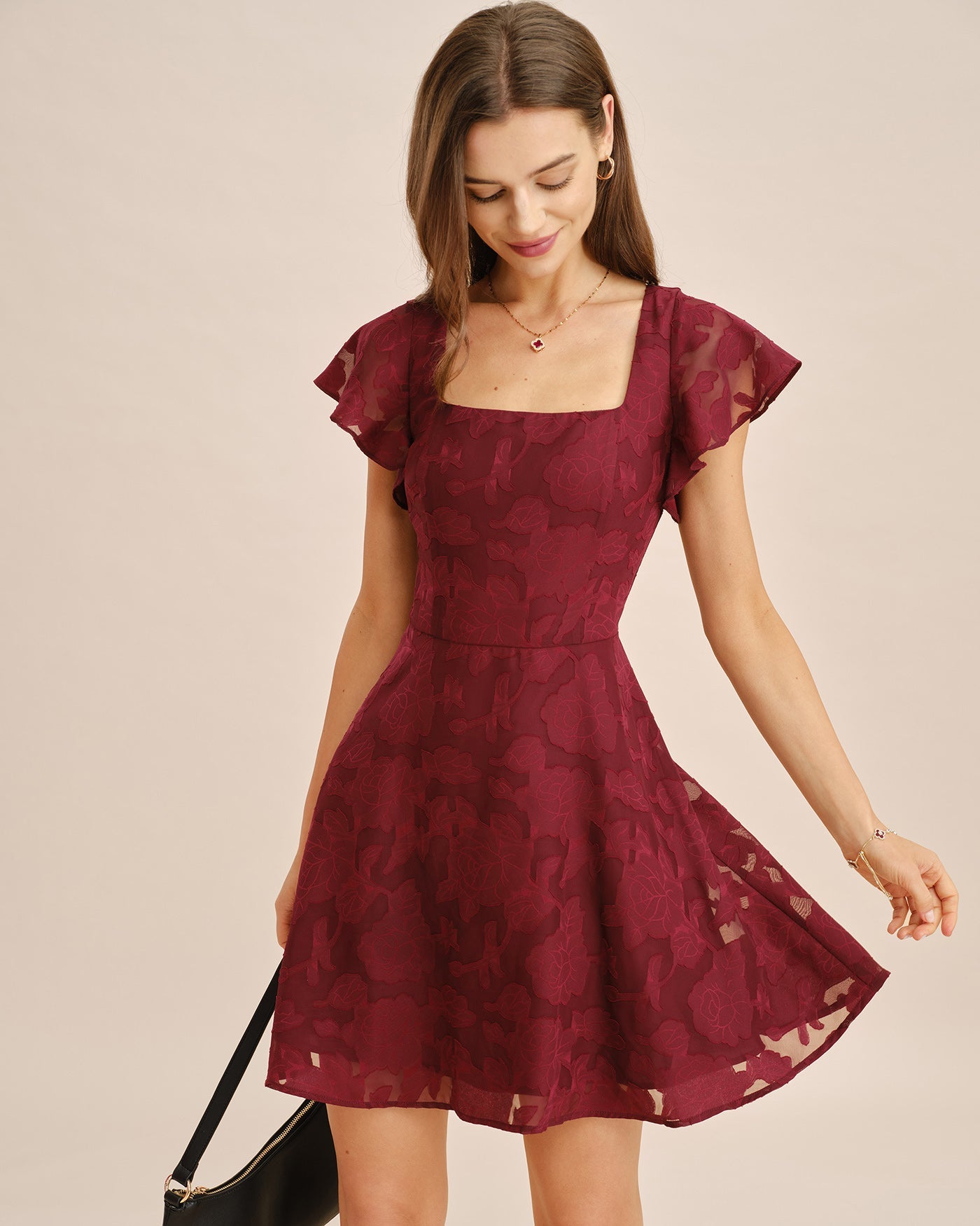 Wine Red Square Neck Jacquard Mini Dress
