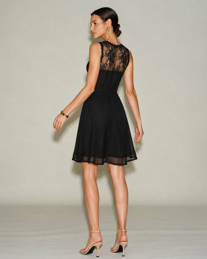 Black Sleeveless Boat Neck Lace Mini Dress