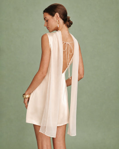 Apricot Boat Neck Tie Satin Mini Dress