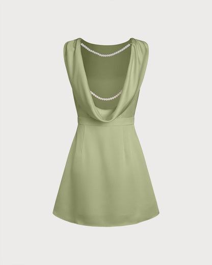 Green Boat Neck Pearl Satin Mini Dress