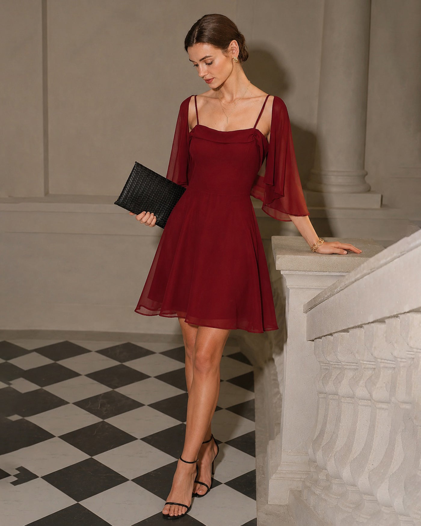 Red Ruched Slip Chiffon Mini Dress