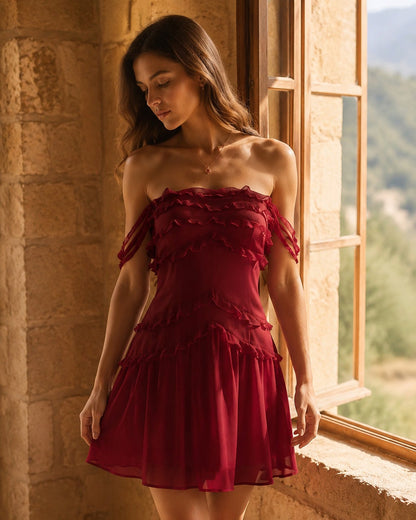 Red Ruffle Strapless Chiffon Mini Dress